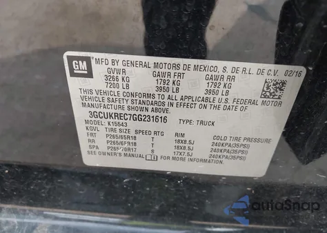 2016 Chevrolet Silverado 1500 2Lt из США, поврежденный, VIN 3GCUKREC7GG231616